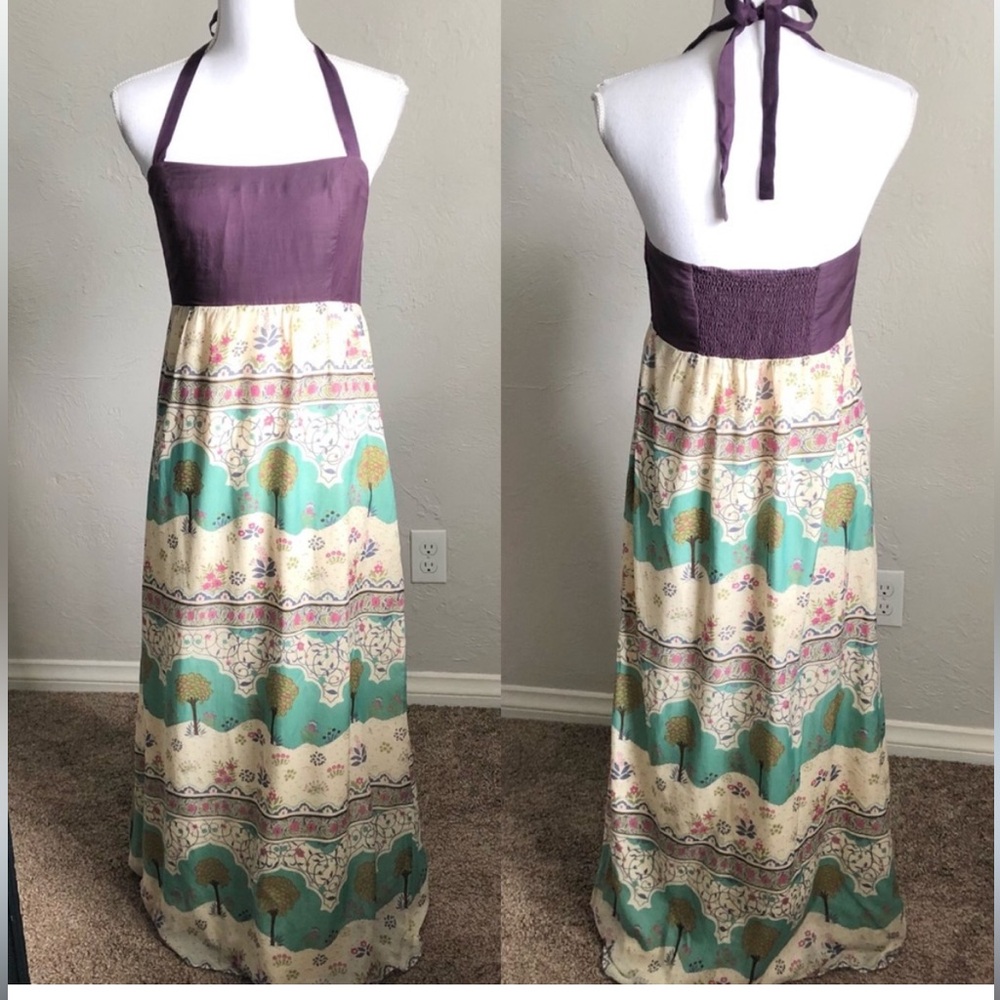 Anthropologie Maeve Silk Halter Dress 4 Purple Cream Green